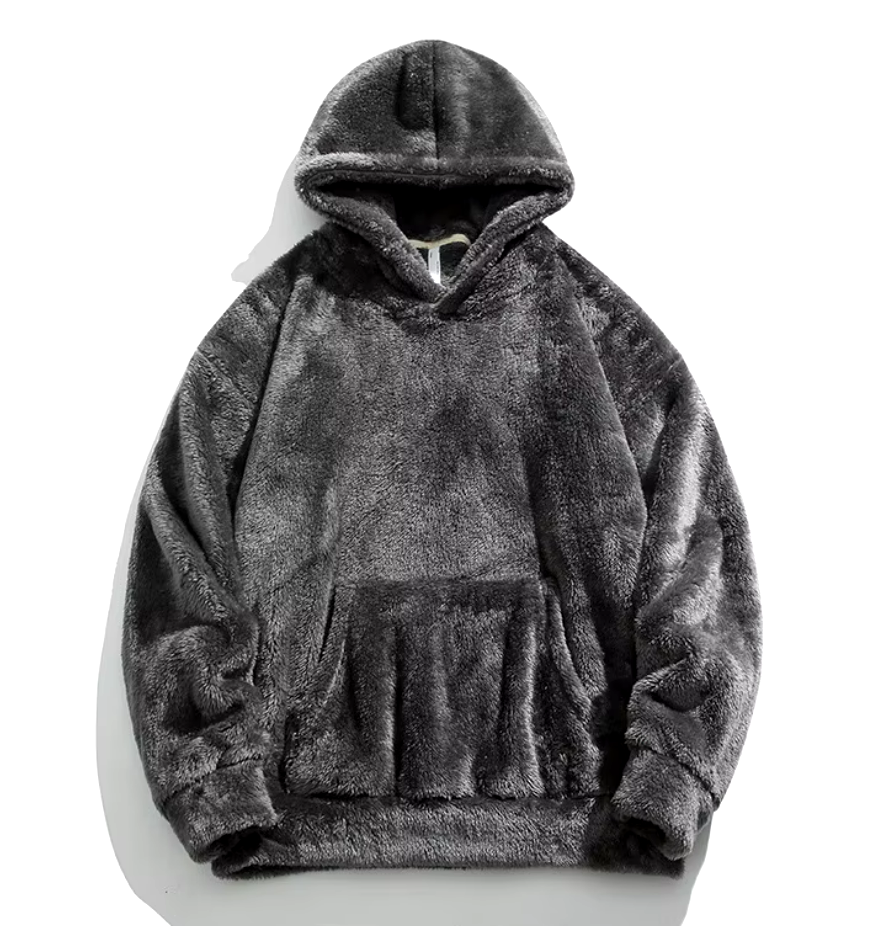 Men's Puffer Hooded Sweatshirt Winter Double sided Plush Hoodie with Pocket Arctic Velvet Warm Hooded Sport Outerwear